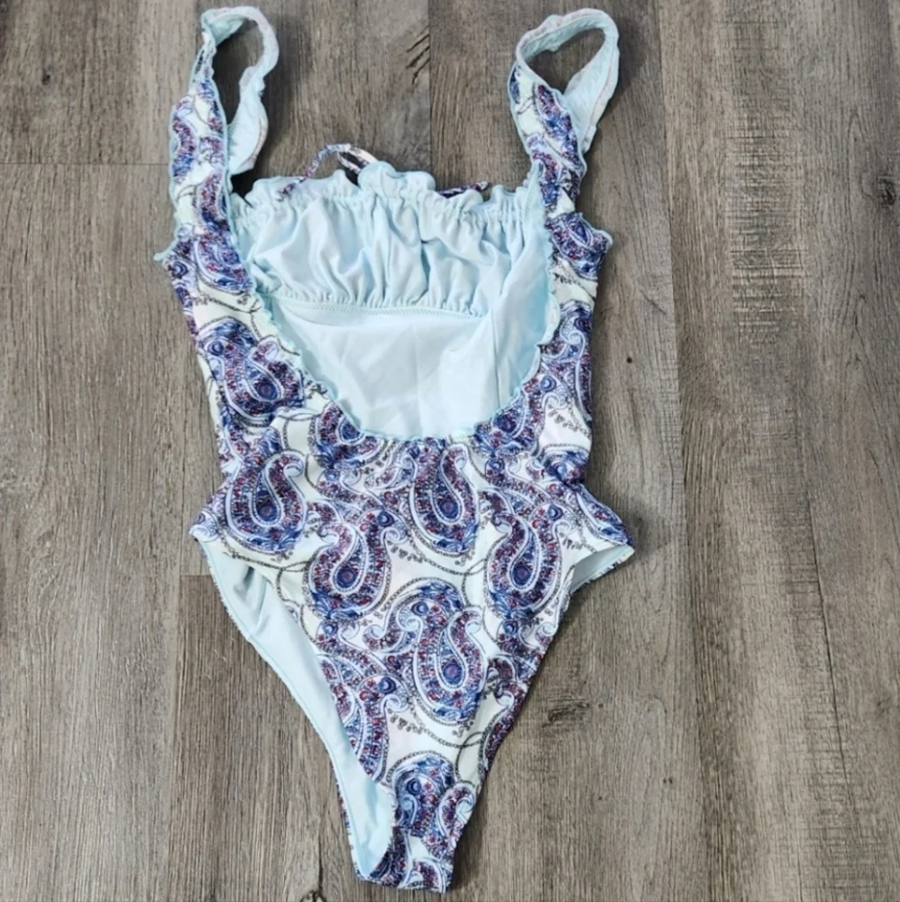 New!Frankies Bikini Fawn Shime Ruffle‎ One Piece Swimsuit